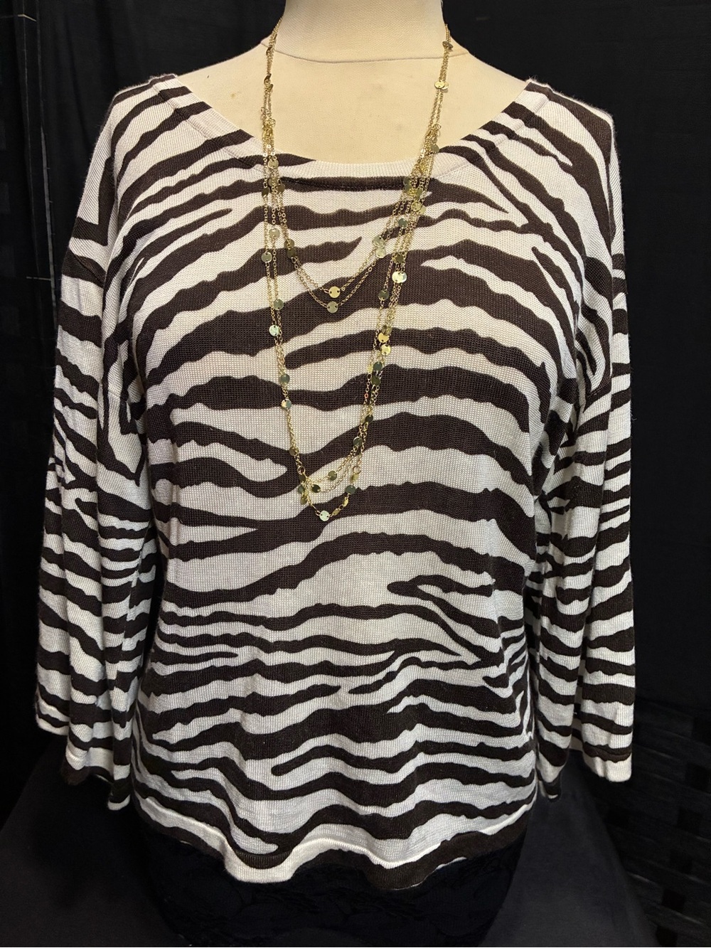 Peck & Peck Brown and Cream Zebra-Print Knit Top